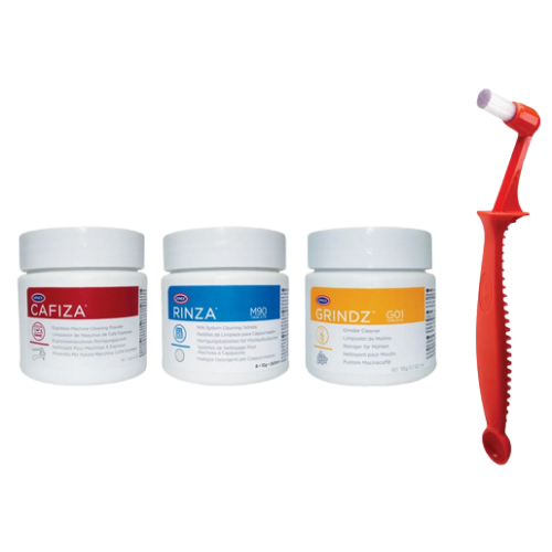 Starter Kit de limpieza marca Urnex para café incluye tres frascos de plástico de cafiza, rinza y grindz y un cepillo de grupo color rojo.